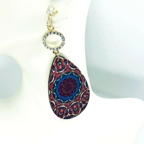 Gold-Tone Rhinestone Painted Wood Dangle Earrings - Picture 1 of 6
